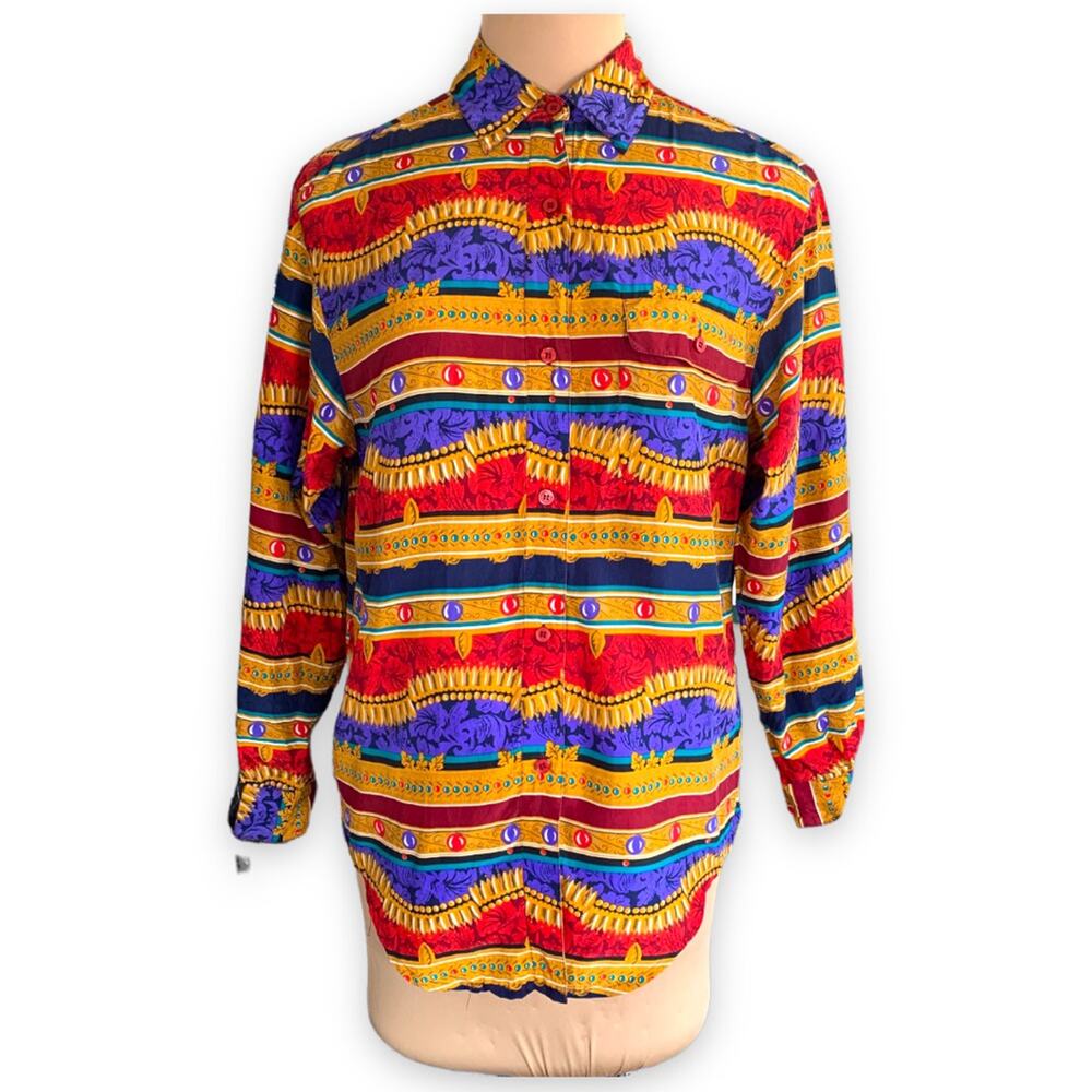 Vintage 90s Top Multicolor Baroque Floral Print Long Sleeve Yellow Silk Blouse